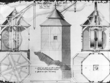 Entwurf Johann Conrad Schlauns für einen Hebekran an den Verladestationen des ehemaligen Max-Clemens-Kanals, Konstruktionszeichnung 1731