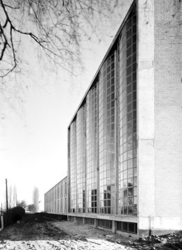 Bau des Staatlichen Gymnasiums Hamm - Ansicht aus Richtung Datteln-Hamm-Kanal um 1956. Grundsteinlegung September 1954, Schulbetrieb ab April 1956.