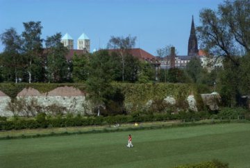 Stadtmauer und Altstadt aus Blickrichtung Westerholtsche Wiese zwischen Aasee und Aabogen