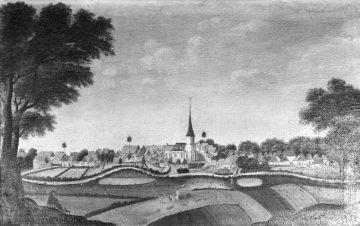 Harsewinkel nach dem Brand 1683. Künstler unbekannt - zugeschriebenen Johann Christoph Rincklake (ungesichert), geboren in Harsewinkel 1764, gestorben in Münster 1813.