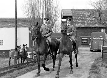 Berittene Polizei, Castrop-Rauxel, 12.04.1978. Im Hintergrund: Hof Köster in Deininghausen?