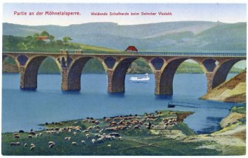 Delecke: Möhnetalsperre, weidende Schafe beim Delecker Viadukt/Brücke, Gemeinde Möhnesee, undatiert