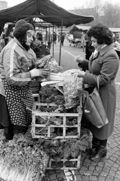 Gemüsehändlerin auf dem Castroper Wochenmarkt, November 1978.