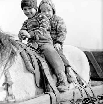 Kinder auf dem Rücken eines Arbeitspferdes. Castrop-Rauxel, undatiert, Ende 1960er Jahre.