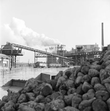 Zuckerfabrik Warburg, 1882 gegründete Fabrik zur Herstellung von Zucker aus Zuckerrüben in Warburg, Westfalen, im November 1975 - Betriebsschließung 2019.