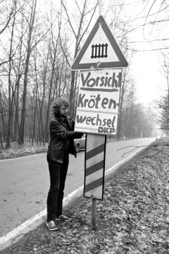 Warnschild "Vorsicht Krötenwechsel" am Straßenrand - Tierschutzinitiative am Deininghausener Weg bei Castrop-Rauxel, März 1982.