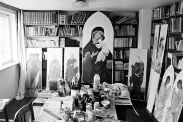 Werkstatt eines Ikonenmalers der russisch-orthodoxen Gemeinde Datteln-Horneburg, März 1977.