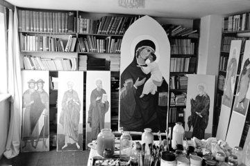 Werkstatt eines Ikonenmalers der russisch-orthodoxen Gemeinde Datteln-Horneburg, März 1977.