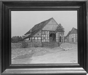 Gemälde von Gottfried Beyer, 1937: Geburtshaus des Barock-Baumeisters Johann Conrad Schlaun (*1695, + 1773) in Nörde an der nördlichen Gemeindegrenze Warburgs