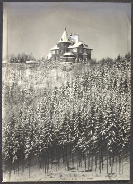 Blick zum verschneiten "Hubertushof" bei Winterberg, undatiert (1930er bis 1940er Jahre?)
