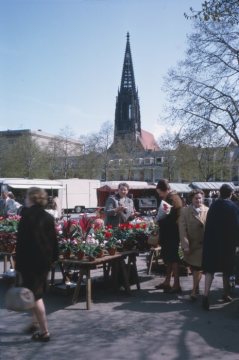 Blick über den Wochenmarkt am Domplatz auf den Lamberti-Kirchturm