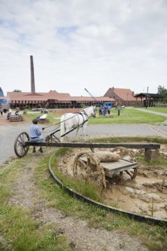 LWL-Ziegeleimuseum Lage, 2019: Demonstration eines Pferdegöpels [Räderwerk zur Vermischung von Lehm, Sand und Wasser für die Ziegelherstellung].