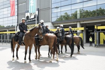 Polizei-Landesreiterstaffel NRW Dortmund - Einsatz am Fußballstadion Signal Iduna Park: Die Einheit sichert sich durch wechselnde Aufstellung der Pferde in gegenläufiger Blickrichtung. Juni 2018.