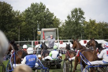 Trabrennen auf der Pferderennbahn Drensteinfurt (Erlfeld) am 20. August 2017: Einmanövieren der Pferde in ihre Startpositionen entsprechend den Startnummern.