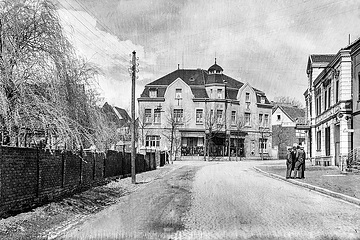 Wickede Ortsmitte, Hauptstraße, mittig das Kaufhaus Bremme, rechts Central-Hotel, undatiert, um 1931 (?).