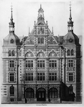 Landeshaus der Provinz Westfalen, Zeichnung: Hauptfront mit Schaugiebel am Freiherr vom Stein-Platz, erbaut 1897-1901, Neorenaissance