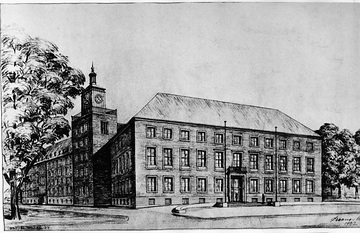 Zeichnung, datiert 1952: Das neue Landeshaus des Landschaftsverbandes Westfalen-Lippe, erbaut 1950-1953 am Frhr. vom Stein-Platz, Architekt Werner March