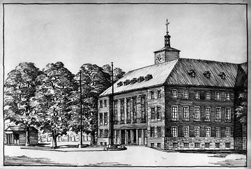 Zeichnung, datiert 1952: Das neue Landeshaus des Landschaftsverbandes Westfalen-Lippe, erbaut 1950-1953 am Frhr. vom Stein-Platz, Architekt Werner March