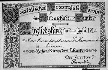 Mitgliedskarte des Landeshauptmanns Hammerschmidt: Westfälischer Provinzialverein für Wissenschaft und Kunst