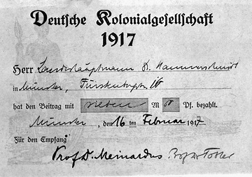 Mitgliedskarte des Landeshauptmanns Hammerschmidt: Deutsche Kolonialgesellschaft 1917