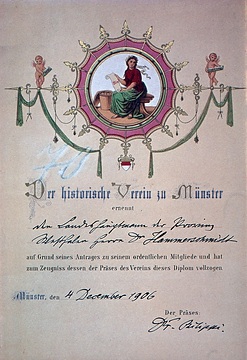 Mitgliedskarte des Landeshauptmanns Hammerschmidt: Historischer Verein zu Münster 1906