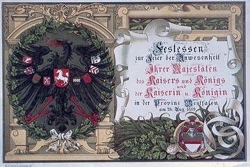 Speisekarte zum Festessen am 24.8.1889 anlässlich des Besuches Kaiser Wilhelms II. beim Provinzialverband Westfalen, Münster