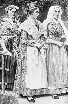 Soester Hochzeitstracht und Kommunionstracht  (Abbildung aus: Franz Jostes: Westfälisches Trachtenbuch), Aufnahmedatum der Fotografie ca. 1913