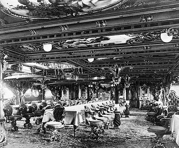 Speisesaal des Fracht- und Passagierdampfers "Lahn" der Reederei Norddeutscher Lloyd (1888 in Dienst gestellt, 1896 umgebaut, 1904 verkauft, 1907 abgewrackt)