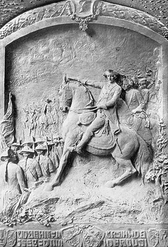 Bronzerelief am Siegesdenkmal, errichtet 1911 im Gedenken an die Schlacht von Vellinghausen 1761 (Siebenjähriger Krieg)