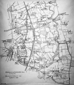Karte von Münster, 1951: Schulbezirk St. Mauritz und Pfarrbezirk St. Konrad