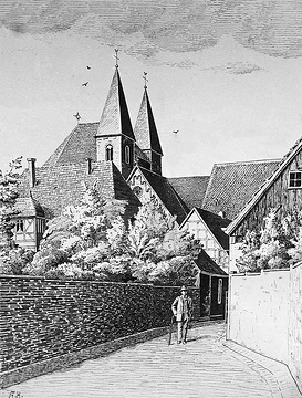 Die St. Marien-Kirche - erbaut im 13. Jahrhundert (Zeichnung von A. Höke)