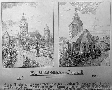 Lippstädter Kirchen in Zeichnungen von A. Höke, rechts die Jakobikirche