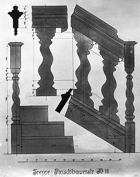 Baudetails in Zeichnungen von A. Höke: A. Höke: Treppengeländer in der Alte Börse, Lipppstadt, Fleischhauerstraße