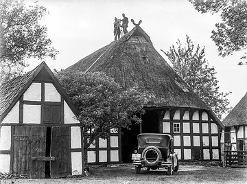 Dr. Hermann Reichling, ornithologische Studien: Reichling (links) und Mitarbeiter beim Filmen eines Storchennestes, Sandbrink (Dümmer), Juni 1928.