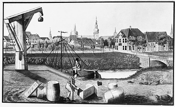 Lippstadt um 1840, historische Stadtansicht mit Hafen, Zeichnung A. Höke