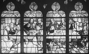 Das Glasgemälde "Westfälisches Abendmahl" (um 1500) in der Kirche St. Maria zur Wiese, Aufnahmedatum der Fotografie ca. 1913.