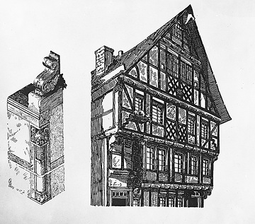 Zeichnung: Fachwerkfassade von Haus Will in der Hundgasse, Siegen