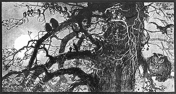 Buchillustration aus "Dreizehnlinden" - Epos von F.W. Weber: Uhu im Baum