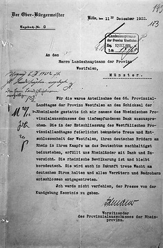 Brief Konrad Adenauers (Vorsitzender der Rheinprovinz) vom 5.12.1922 an die Provinz Westfalen
