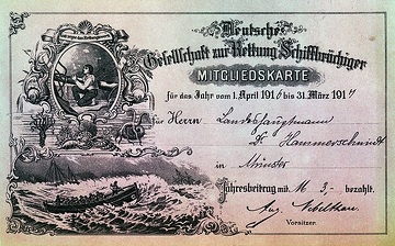 Mitgliedskarte des Landeshauptmanns Hammerschmidt: Deutsche Gesellschaft zur Rettung Schiffbrüchiger