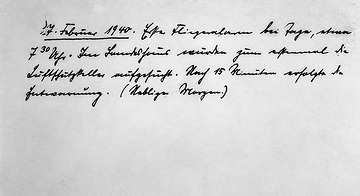 Handschriftliche Notiz zum 1. Fliegeralarm bei Tage in Münster vom 7.2.1940