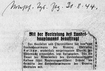 Presseausschnitt vom 21.08.1944 zur Entlassung des Landeshauptmanns Karl-Friedrich Kolbow
