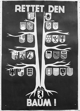 Ausstellung Unteilbares Deutschland: Schülerbild "Rettet den Baum", Collage mit Landeswappen (Landeshaus, Freiherr vom Stein-Platz)