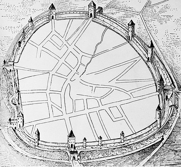 Stadtgrundriss von Geseke, Kreis Soest, zur Zeit der Soester Fehde 1444-1448