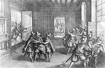Prager Fenstersturz: Beginn des 30jährigen Krieges 1618 in einer zeitgenössischen Graphik