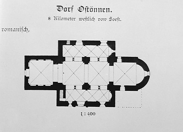 Grundrisszeichnung einer romanischen Pfeilerbasilika am Beispiel der ev. Pfarrkirche Ostönnen, ehem. St. Andreas
