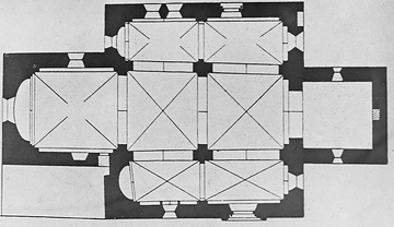 Grundrisszeichnung einer Hallenkirche am Beispiel der ev. Pfarrkirche Lohne, ehem. St. Pantaleon