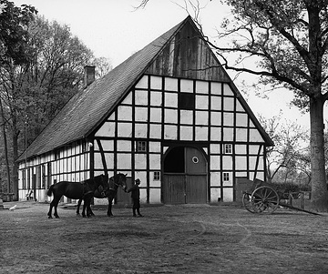 Ansicht eines Fachwerkbauernhaus mit zwei Pferden