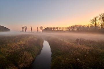 Sonneaufgang mit Nebelschwaden an der Emmerbachaue in der Davert, einem Naturschutzgebiet zwischen Münster und Senden