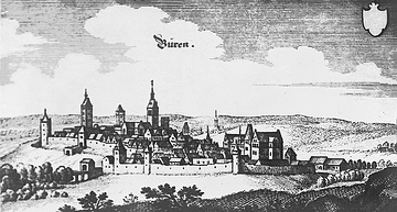 Büren, historische Stadtansicht, Kupferstich von Matthäus Merian, um 1650